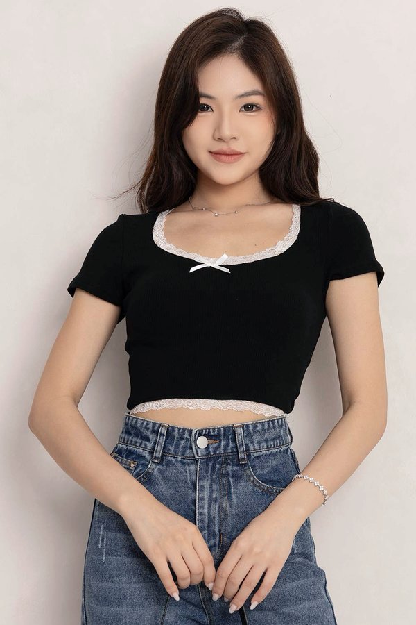 Alison Lace Trim Top Black