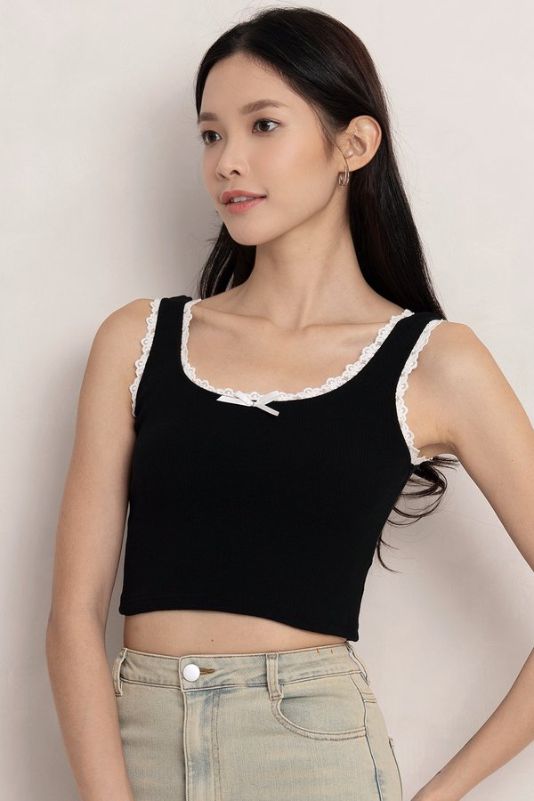 Selina Lace Trim Tank Black