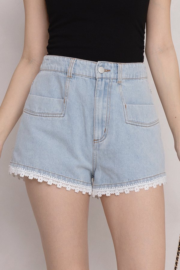 Meadow Crochet Denim Shorts Light Wash