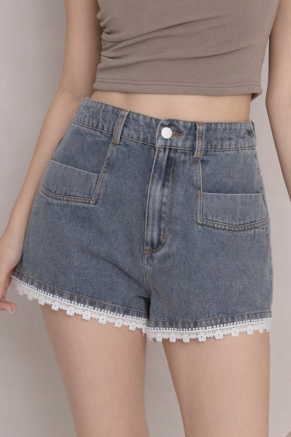 Meadow Crochet Denim Shorts Stone Wash