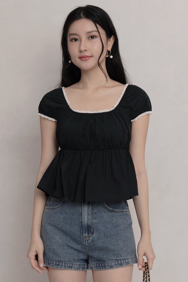 Delfina Padded Lace Trim Top Black