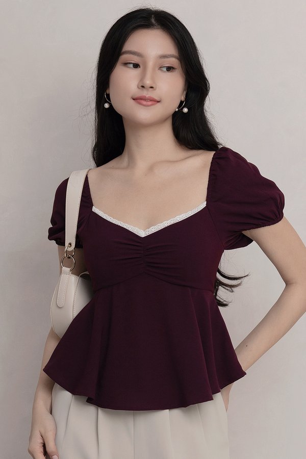 Callista Lace Trim Padded Top Burgundy