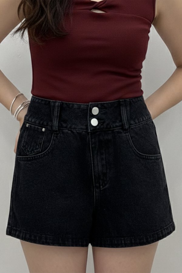 Saffron Duo Button Denim Shorts Black Acid