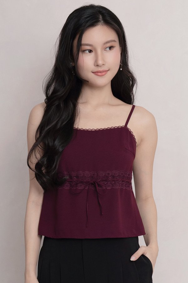 Caspia Lace Trim Top Burgundy