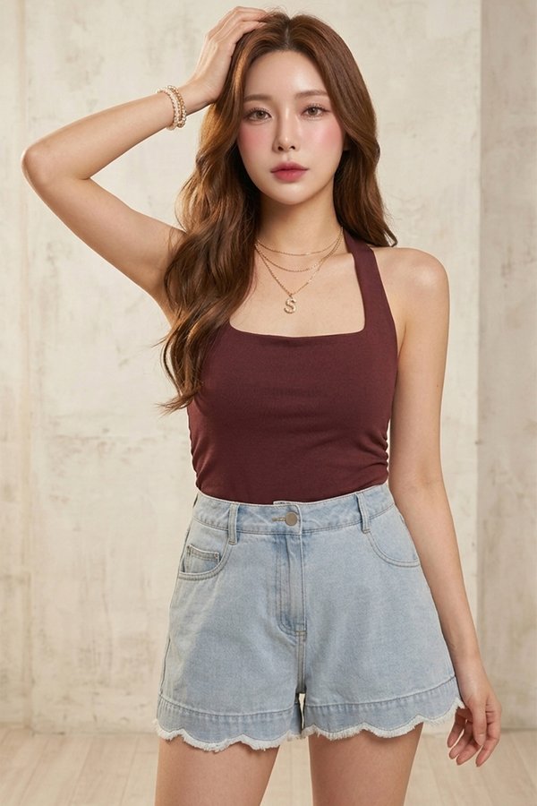 Jacinta Scallop Hem Denim Shorts Light Wash