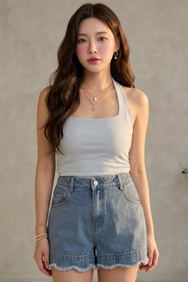 Jacinta Scallop Hem Denim Shorts Stone Wash