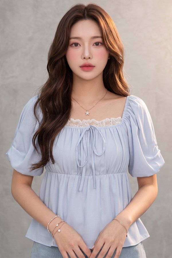 Asteria Lace Trim Top Sky Blue