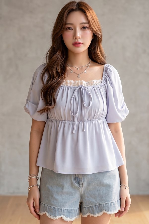 Asteria Lace Trim Top Sky Blue