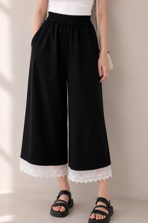 Norie Crochet Trim Relax Pants Black
