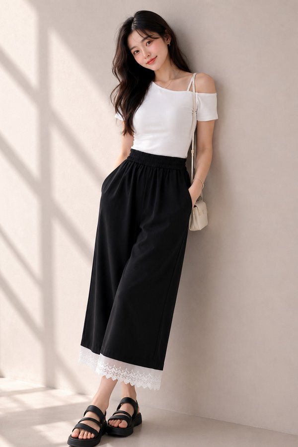 Norie Crochet Trim Relax Pants Black