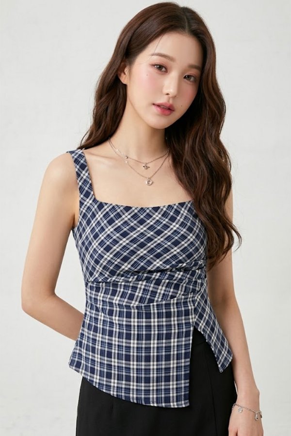 Elissa Gingham Top Navy