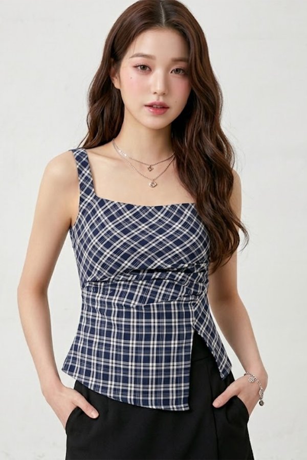 Elissa Gingham Top Navy