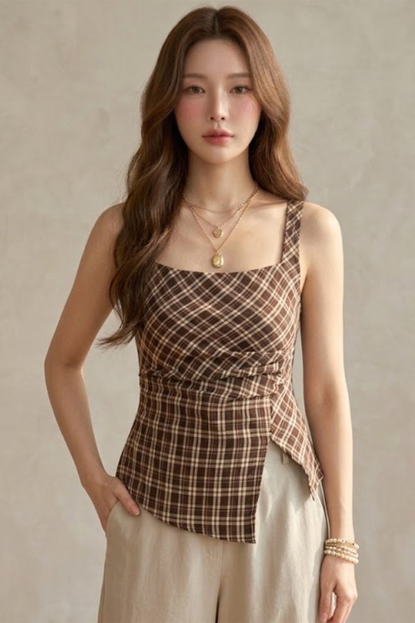 Elissa Gingham Top Brown