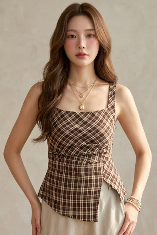 Elissa Gingham Top Brown