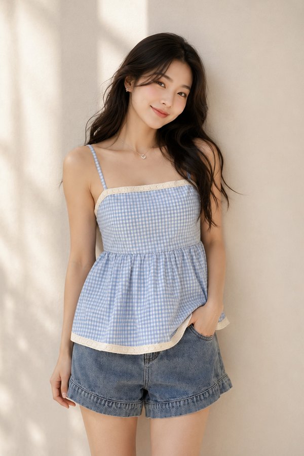 Ber Crochet Trim Padded Top Blue Gingham