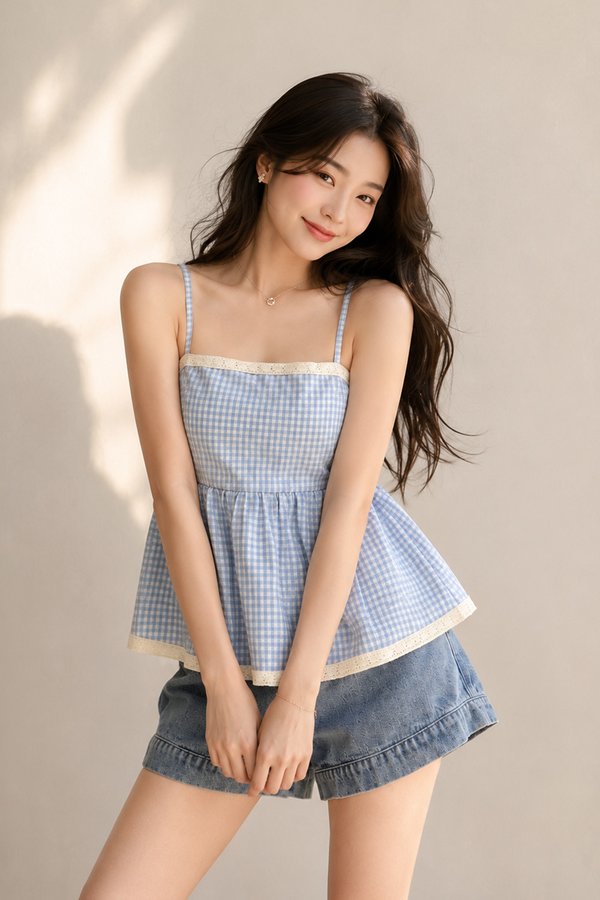 Ber Crochet Trim Padded Top Blue Gingham
