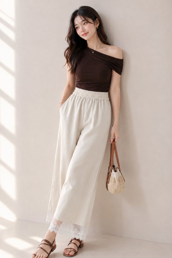 Norie Crochet Trim Relax Pants Beige