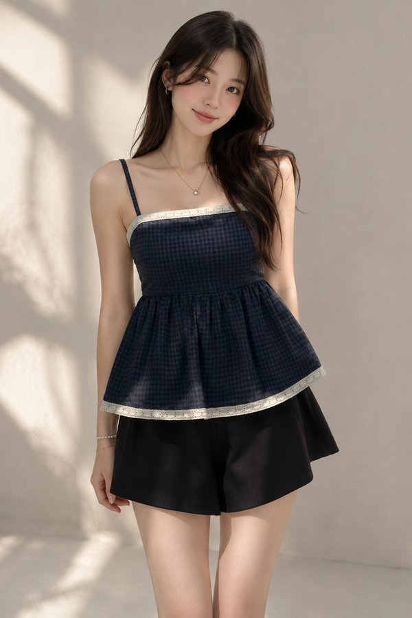 Ber Crochet Trim Padded Top Midnight Navy Gingham