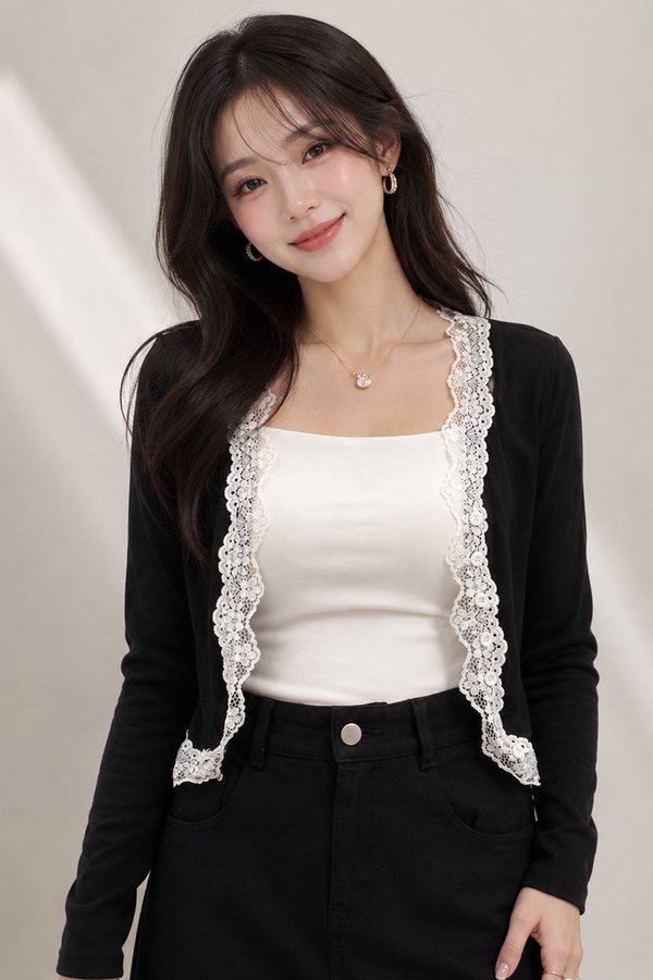 Bernetta Lace Trim Cardi/Top Black