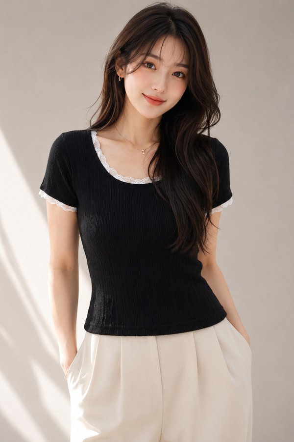 Hester Lace Trim Top Black