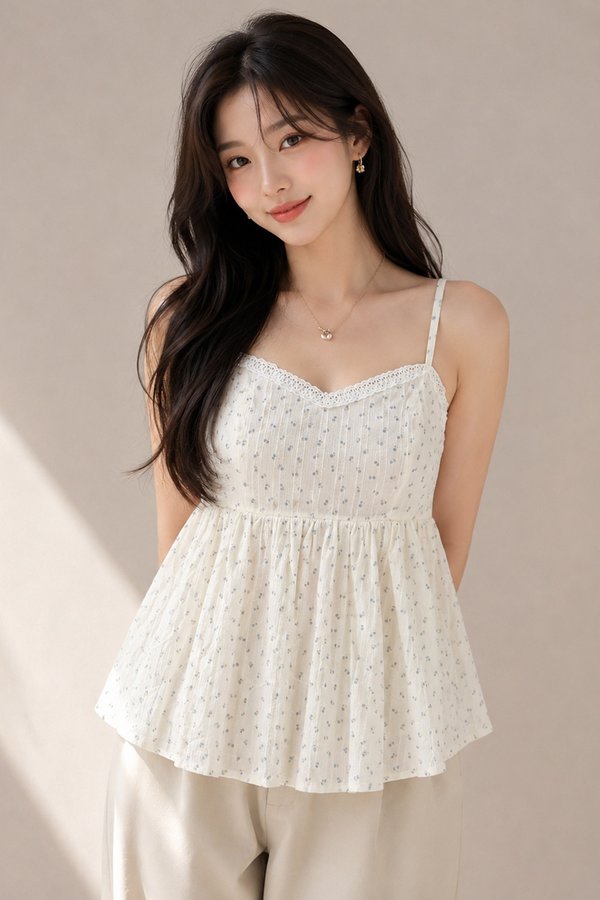 Mila Lace Trim Top Blue Florals