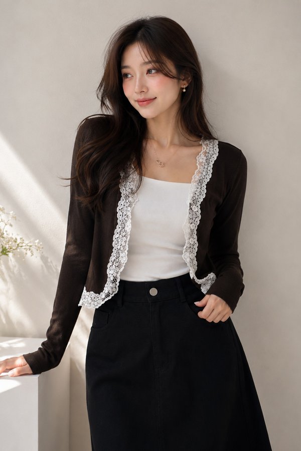 Bernetta Lace Trim Cardi/Top Dark Choco