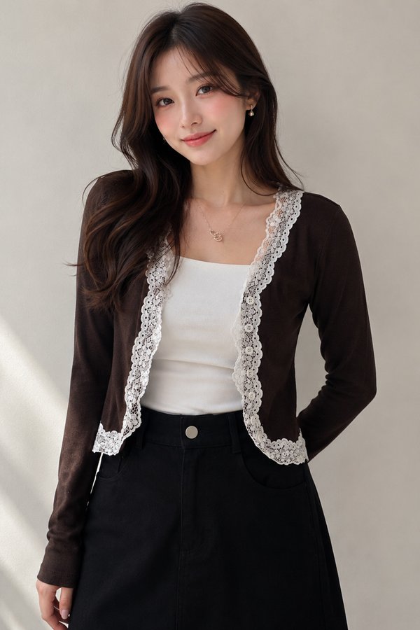 Bernetta Lace Trim Cardi/Top Dark Choco