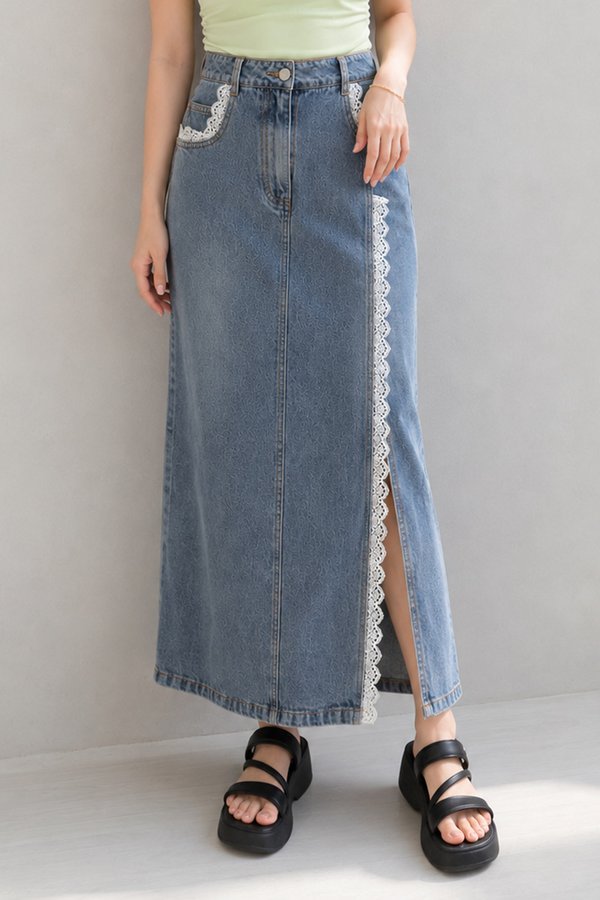Sarita Crochet Trim Denim Midi Skirt