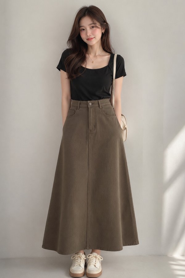 Natalia Denim Midi Skirt Ash Brown