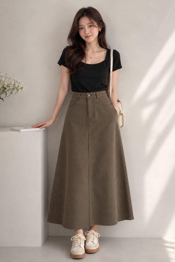 Natalia Denim Midi Skirt Ash Brown