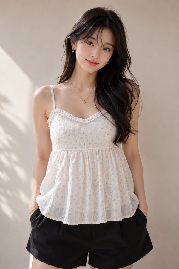 Mila Lace Trim Top Pink Florals