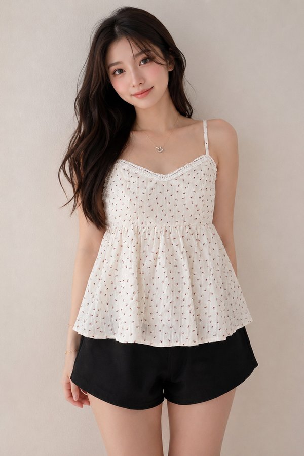 Mila Lace Trim Top Red Florals