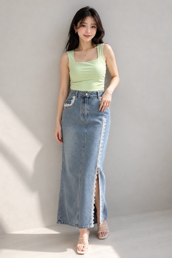 Sarita Crochet Trim Denim Midi Skirt