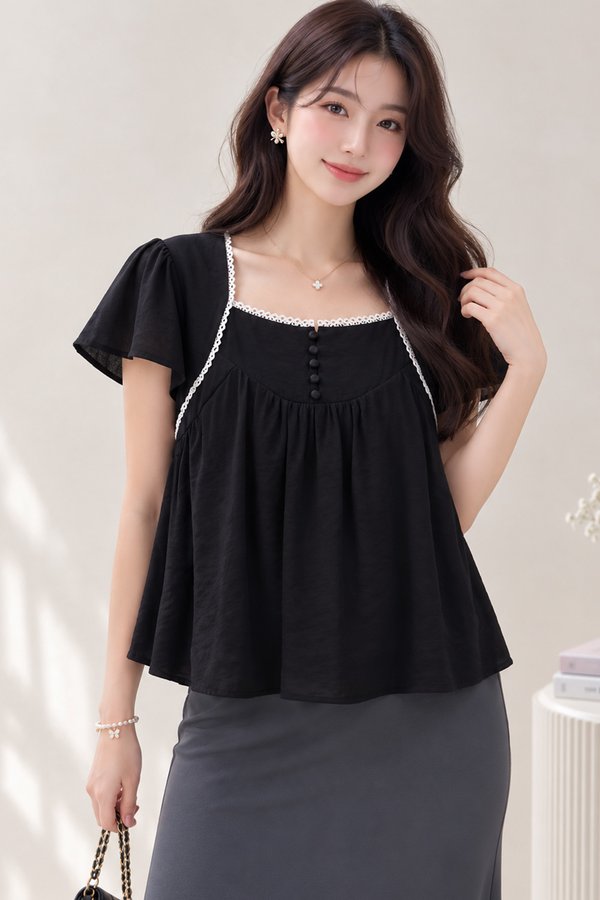 Angela Crochet Trim Top Black
