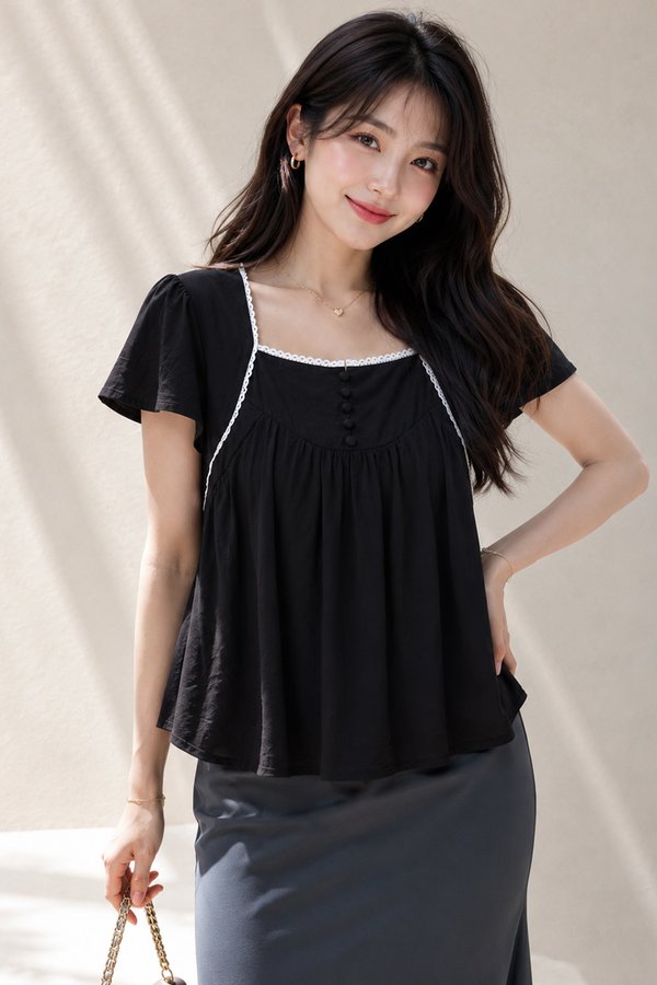 Angela Crochet Trim Top Black