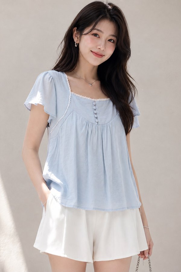Angela Crochet Trim Top Sky Blue