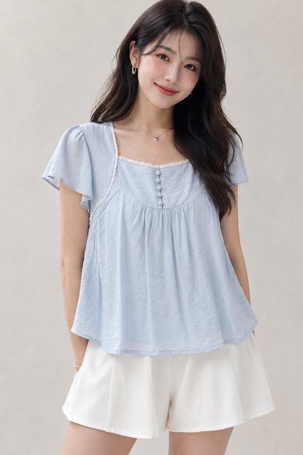 Angela Crochet Trim Top Sky Blue
