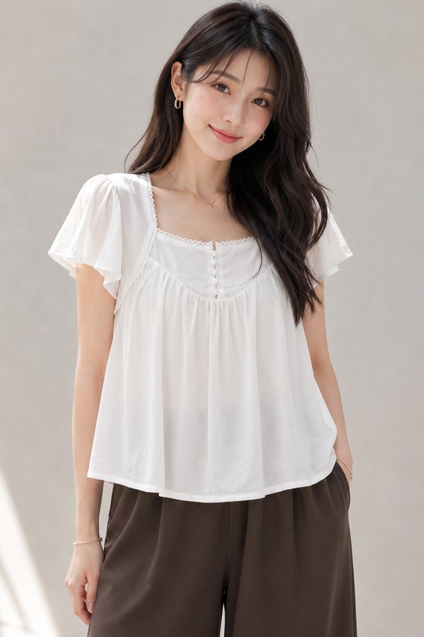 Angela Crochet Trim Top White