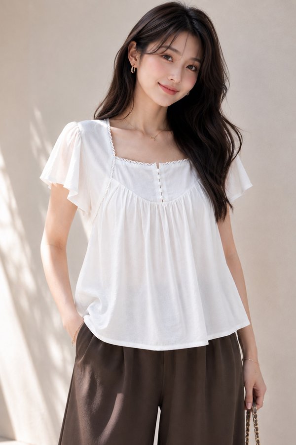 Angela Crochet Trim Top White
