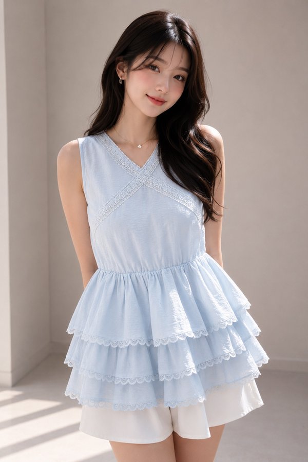 Gina Lace Trim Top Baby Blue