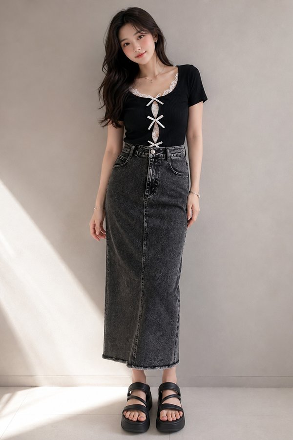 Candela Denim Midi Skirt Black Acid