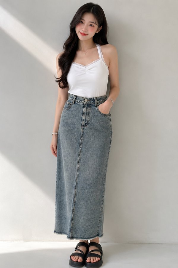 Candela Denim Midi Skirt Vintage Stone