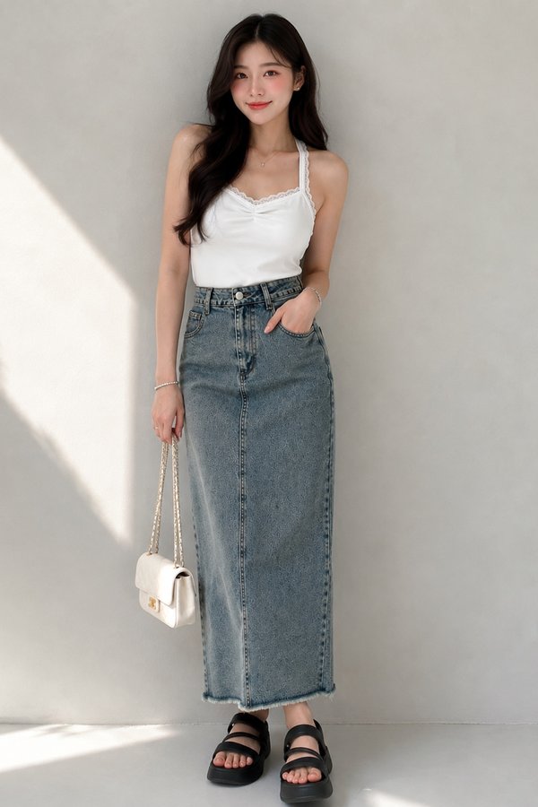 Candela Denim Midi Skirt Vintage Stone