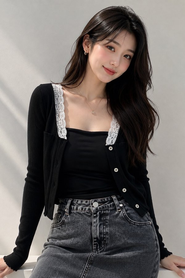 Carina Lace Trim Cardi Top Black
