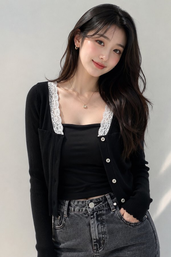 Carina Lace Trim Cardi Top Black