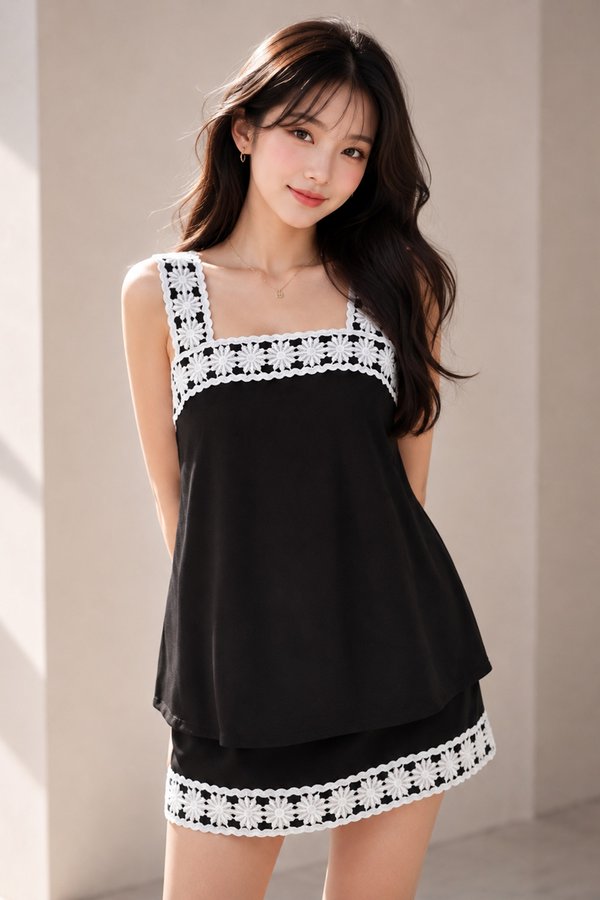 Maddie Crochet Linen Top Black