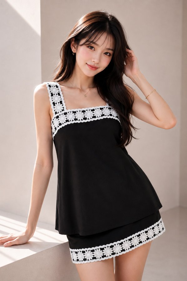 Maddie Crochet Linen Top Black