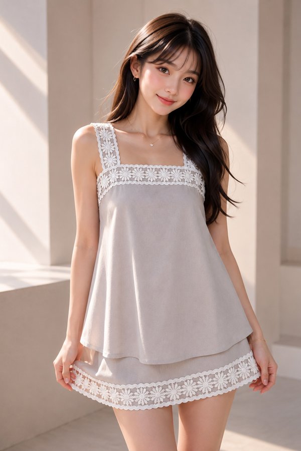 Maddie Crochet Linen Top Light Grey