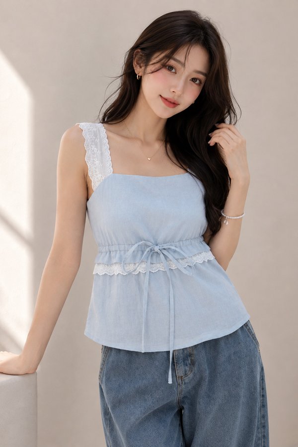 Tannia Lace Trim Top Sky Blue