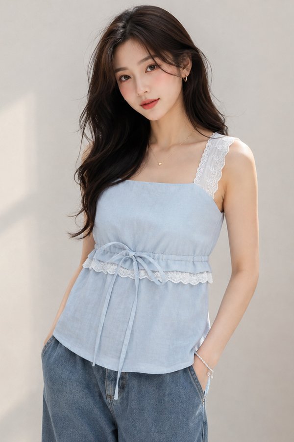 Tannia Lace Trim Top Sky Blue